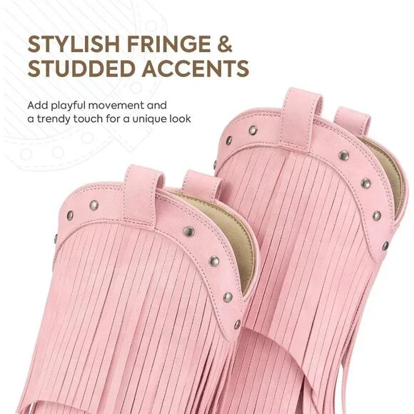 Girls Pink Cowgirl Boots Fringe Western Snip Toe Cowboy Boots for Kids Stylish - Picture 2 of 6